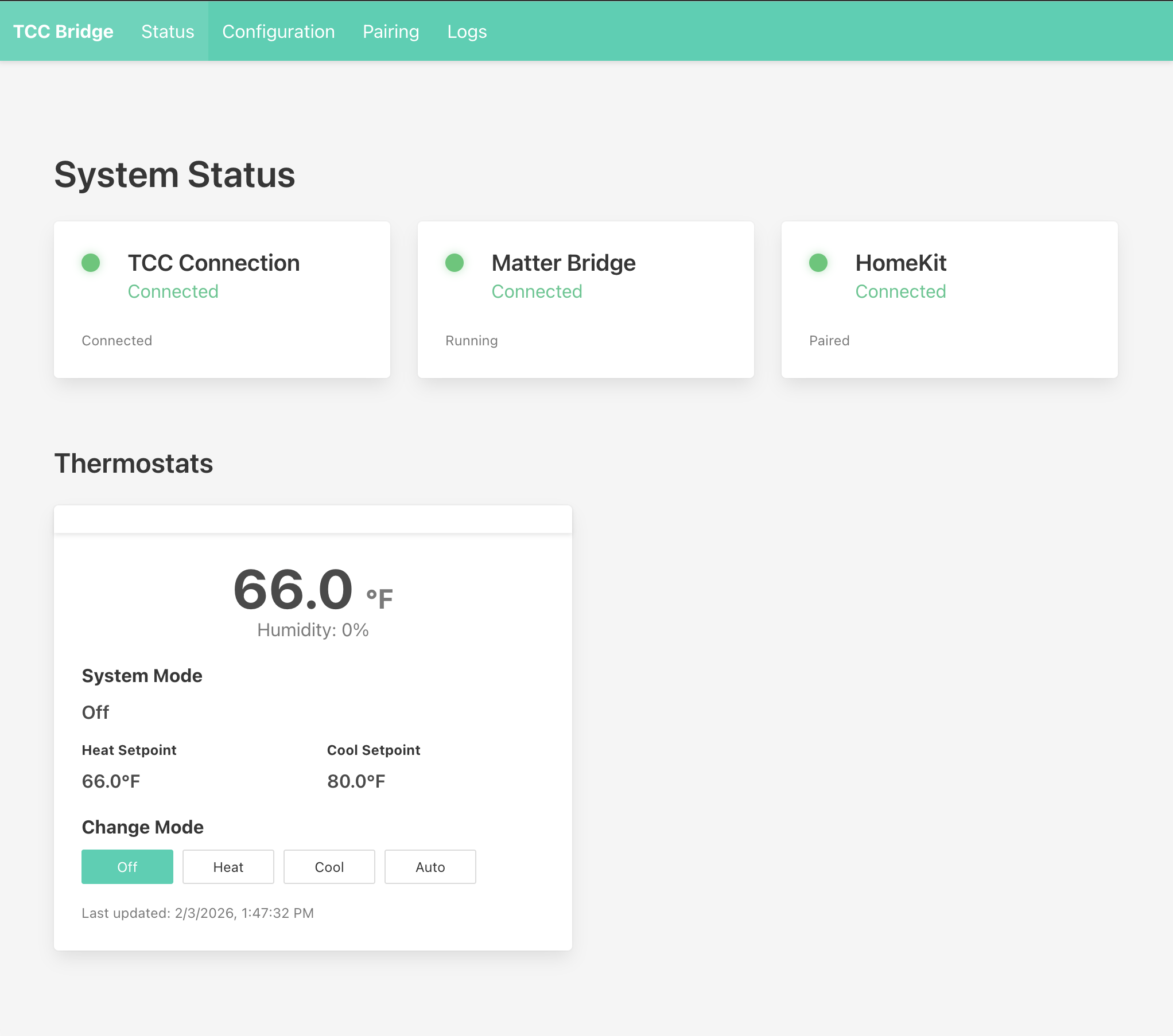 TCC-Matter Bridge status page